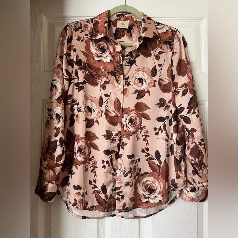 Tahari Floral Button-Down Shirt - Brown and Cream